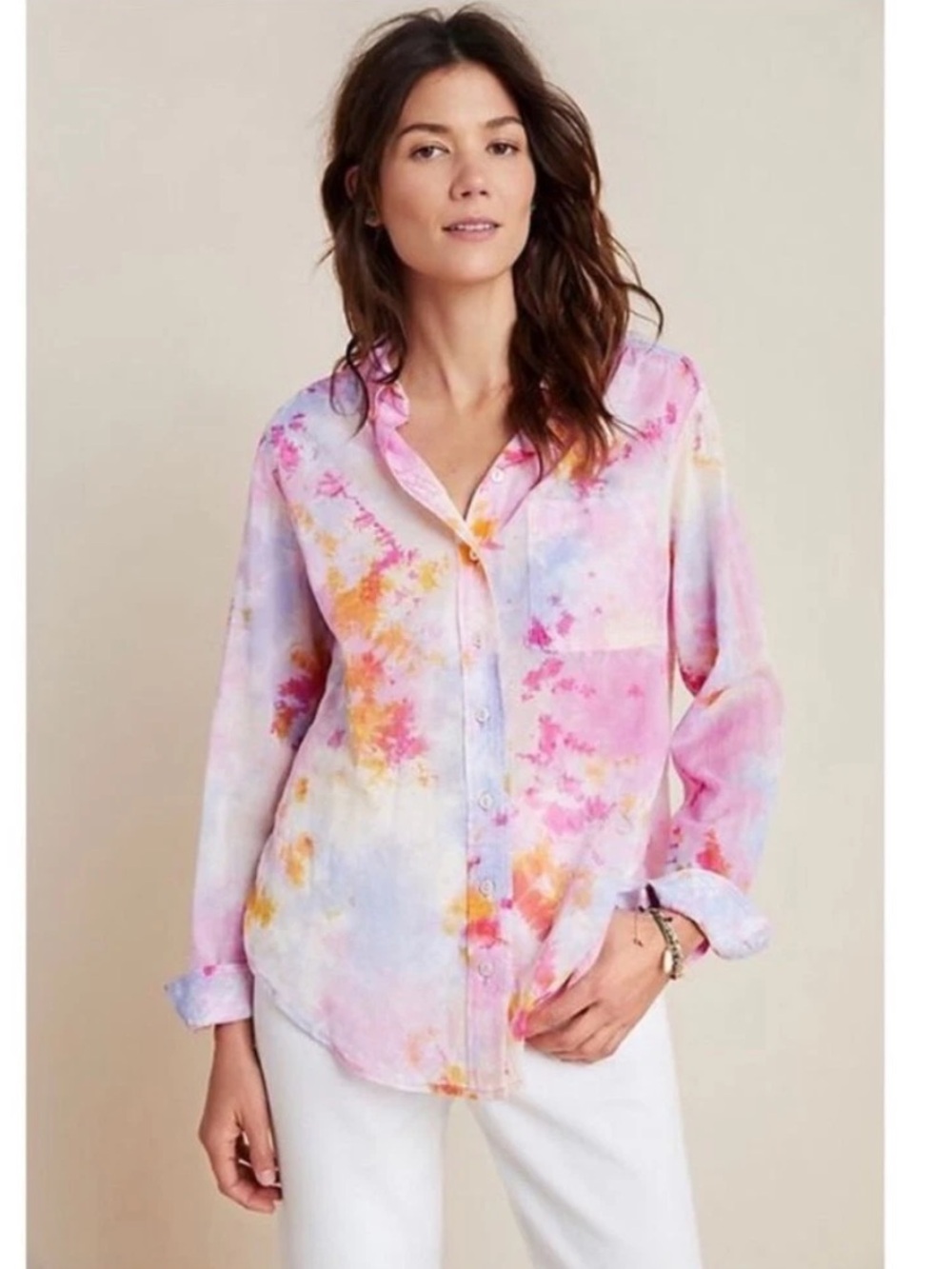 Pilcro by Anthropologie The Cate Pink Multi Tie-Dye Button-Down Shirt